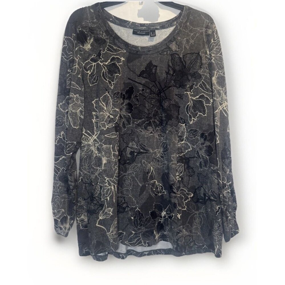 Susan Graver Weekend Women’s Gray Floral Long Sleeve Knit Tunic Blouse Top Sz L